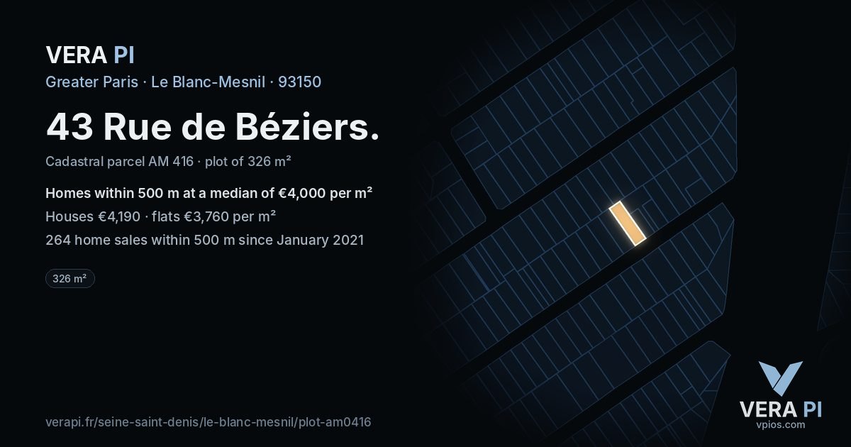 43 Rue de Béziers, Le Blanc-Mesnil at night – the plot lit, the parcels around coloured by the prices near them