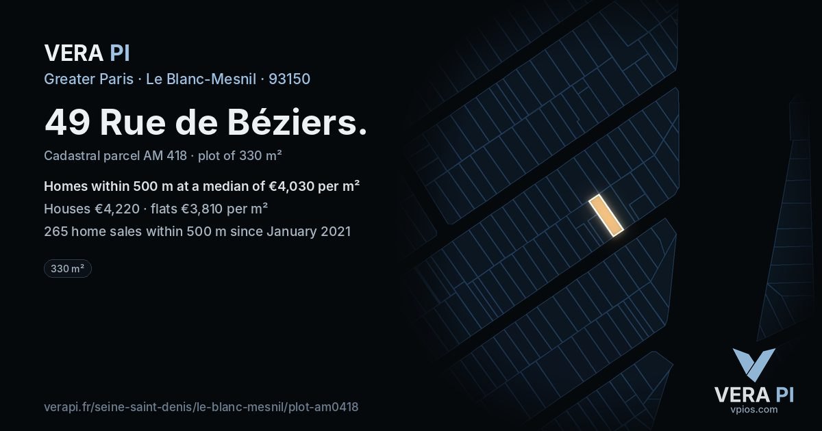 49 Rue de Béziers, Le Blanc-Mesnil at night – the plot lit, the parcels around coloured by the prices near them