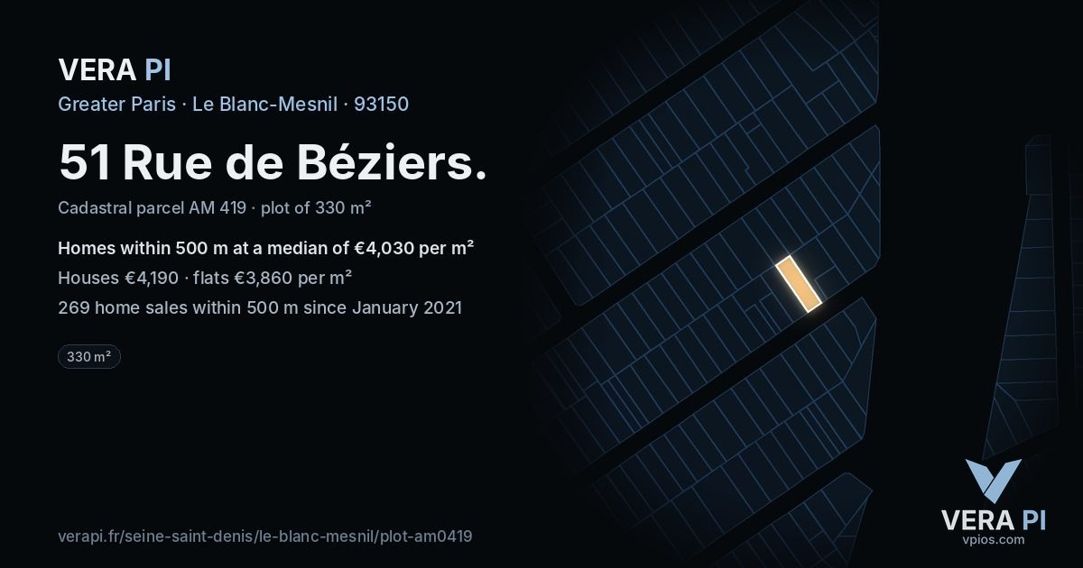 51 Rue de Béziers, Le Blanc-Mesnil at night – the plot lit, the parcels around coloured by the prices near them