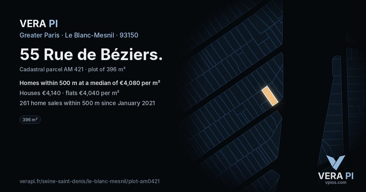 55 Rue de Béziers, Le Blanc-Mesnil at night – the plot lit, the parcels around coloured by the prices near them