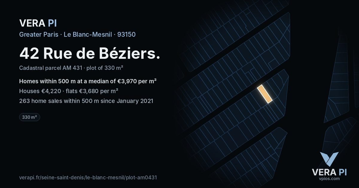 42 Rue de Béziers, Le Blanc-Mesnil at night – the plot lit, the parcels around coloured by the prices near them
