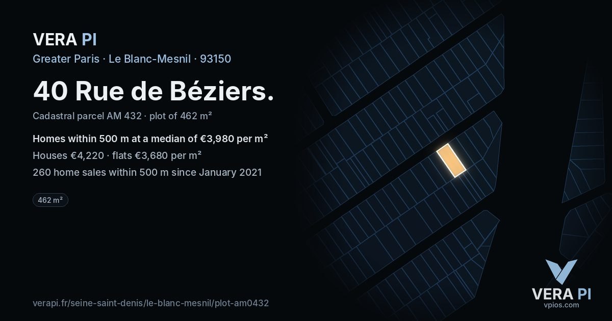 40 Rue de Béziers, Le Blanc-Mesnil at night – the plot lit, the parcels around coloured by the prices near them