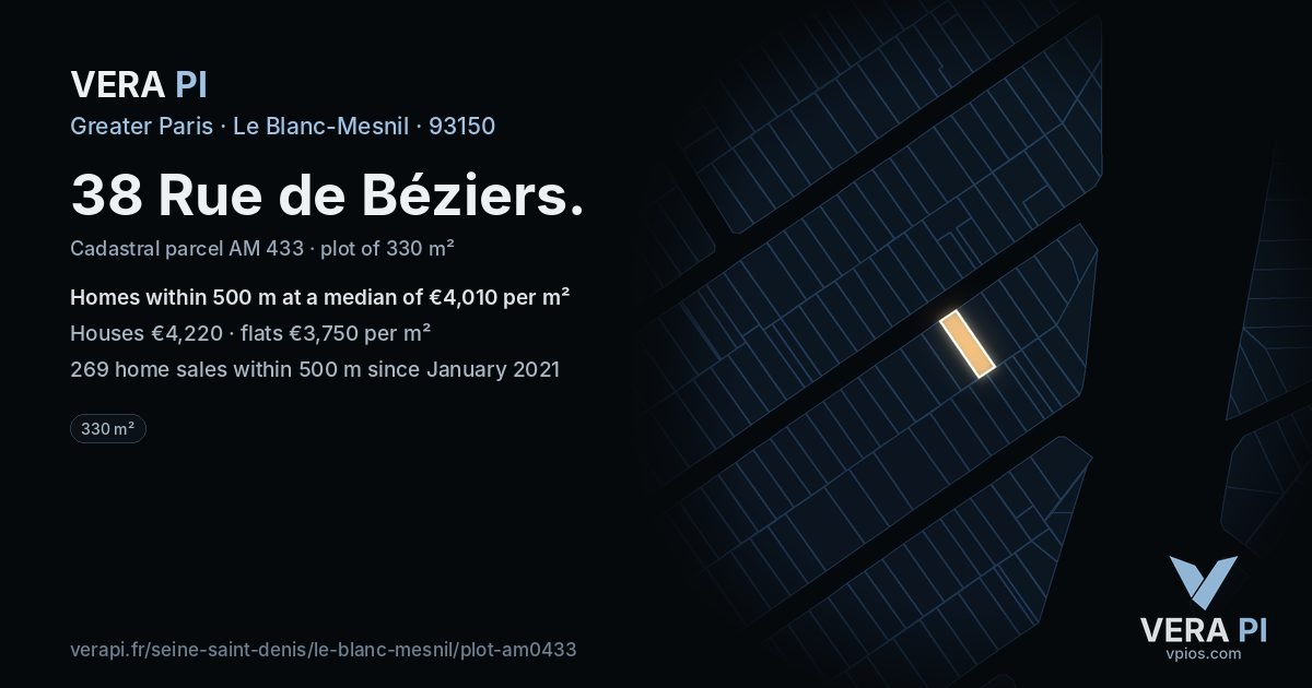 38 Rue de Béziers, Le Blanc-Mesnil at night – the plot lit, the parcels around coloured by the prices near them
