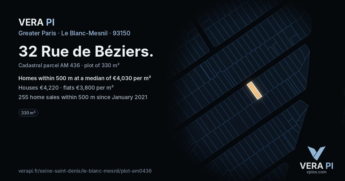 32 Rue de Béziers, Le Blanc-Mesnil at night – the plot lit, the parcels around coloured by the prices near them