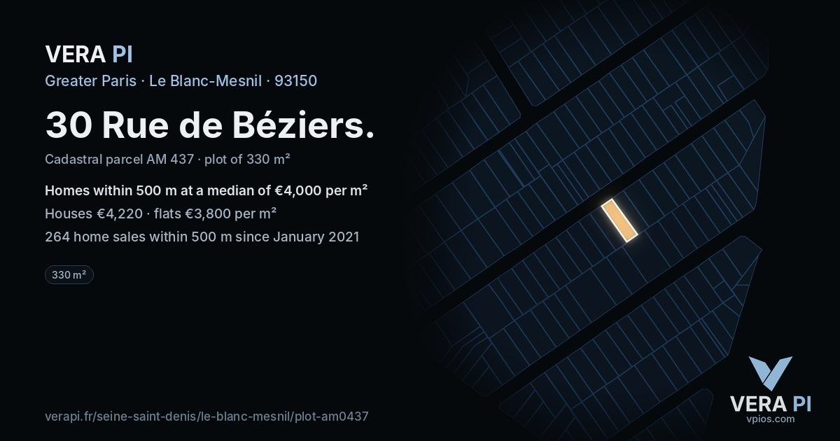 30 Rue de Béziers, Le Blanc-Mesnil at night – the plot lit, the parcels around coloured by the prices near them