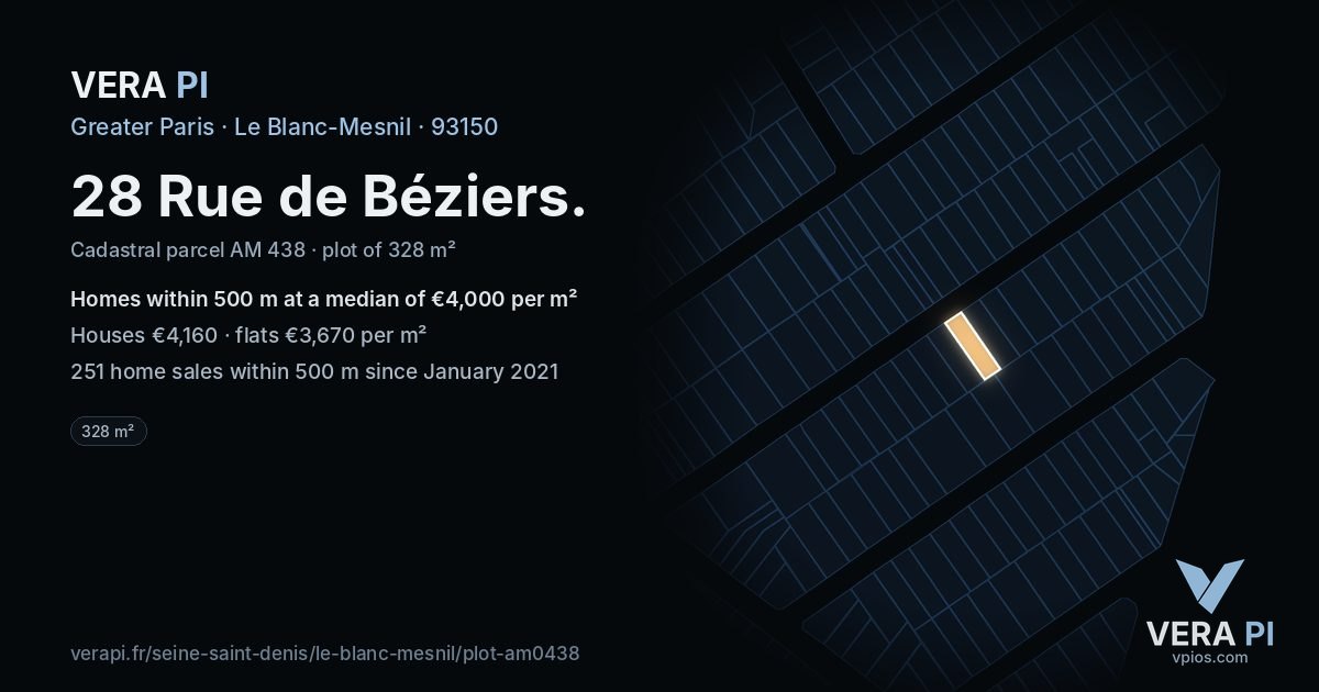 28 Rue de Béziers, Le Blanc-Mesnil at night – the plot lit, the parcels around coloured by the prices near them