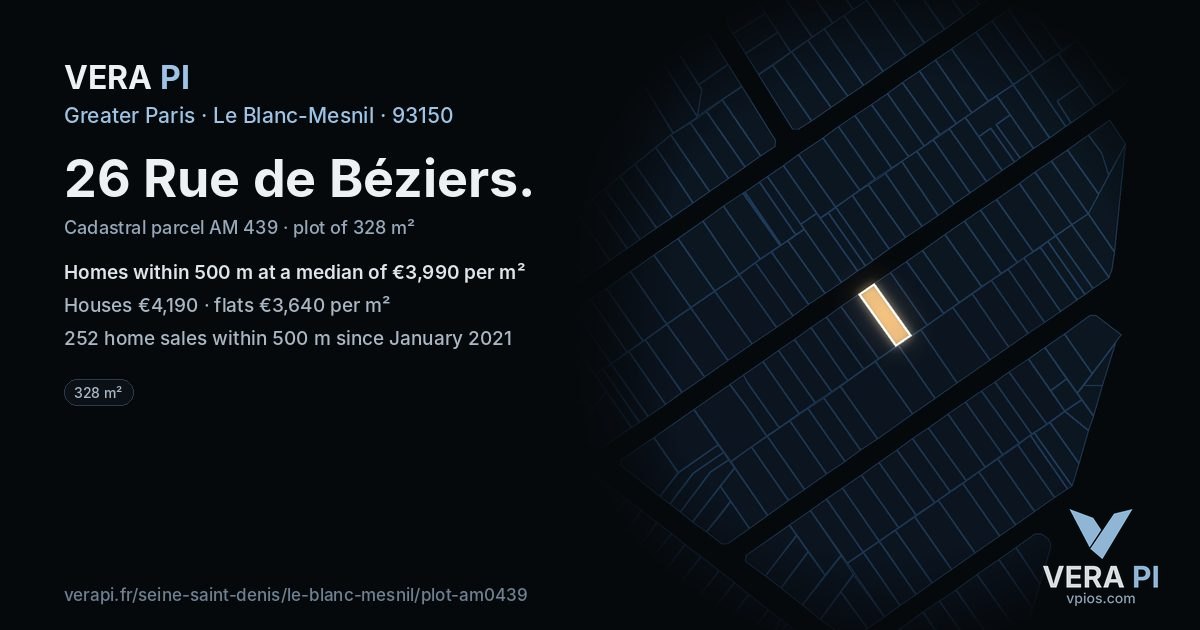 26 Rue de Béziers, Le Blanc-Mesnil at night – the plot lit, the parcels around coloured by the prices near them