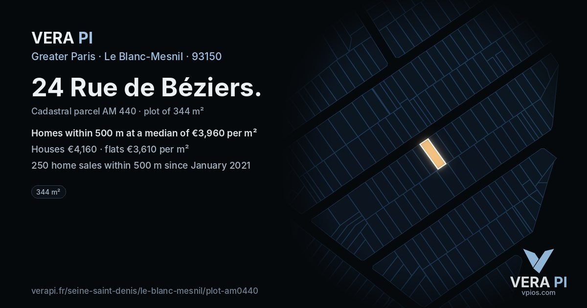 24 Rue de Béziers, Le Blanc-Mesnil at night – the plot lit, the parcels around coloured by the prices near them