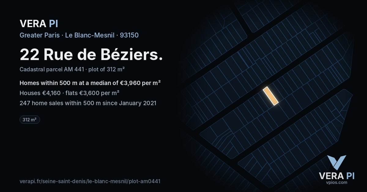 22 Rue de Béziers, Le Blanc-Mesnil at night – the plot lit, the parcels around coloured by the prices near them