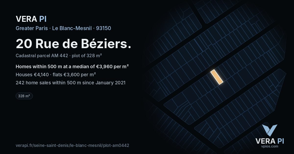 20 Rue de Béziers, Le Blanc-Mesnil at night – the plot lit, the parcels around coloured by the prices near them
