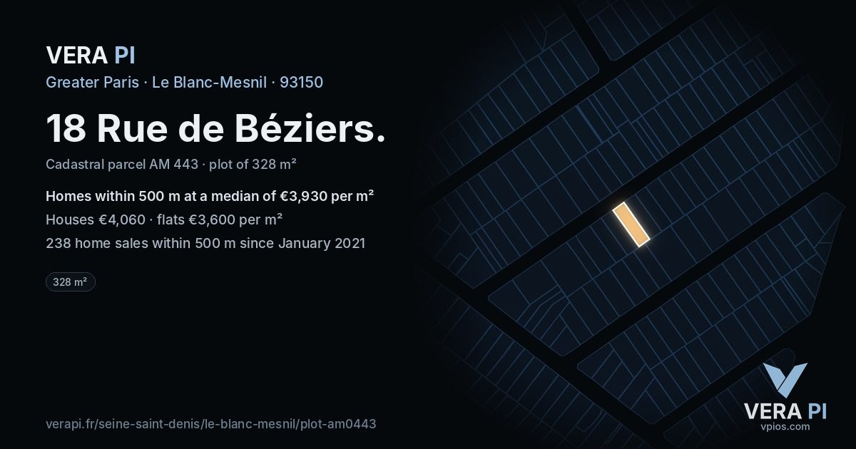 18 Rue de Béziers, Le Blanc-Mesnil at night – the plot lit, the parcels around coloured by the prices near them