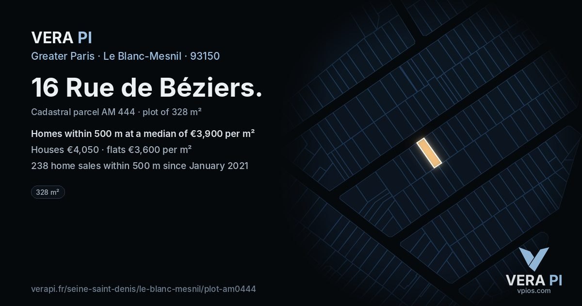 16 Rue de Béziers, Le Blanc-Mesnil at night – the plot lit, the parcels around coloured by the prices near them