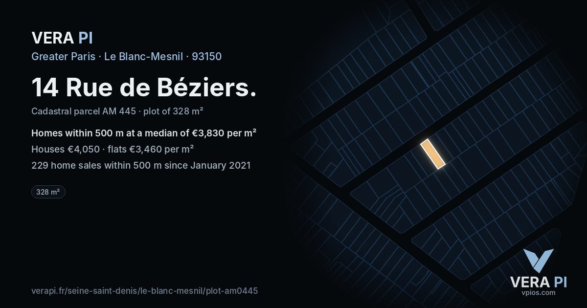 14 Rue de Béziers, Le Blanc-Mesnil at night – the plot lit, the parcels around coloured by the prices near them