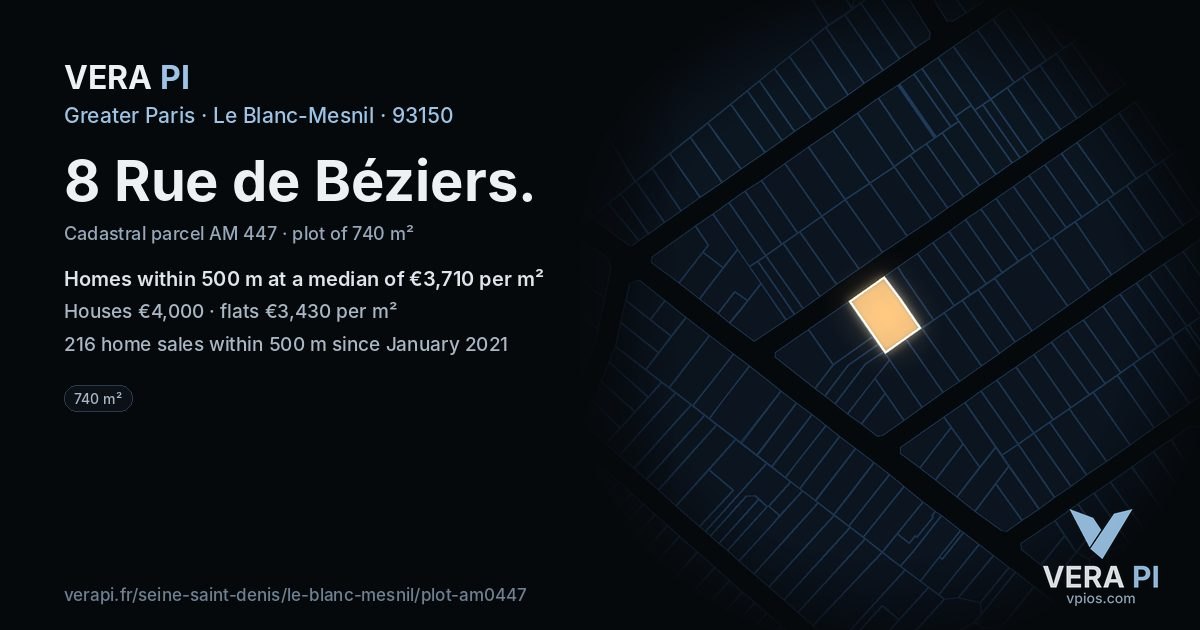 8 Rue de Béziers, Le Blanc-Mesnil at night – the plot lit, the parcels around coloured by the prices near them
