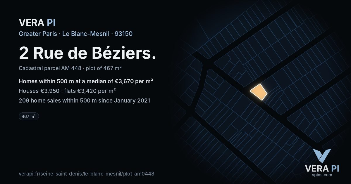 2 Rue de Béziers, Le Blanc-Mesnil at night – the plot lit, the parcels around coloured by the prices near them