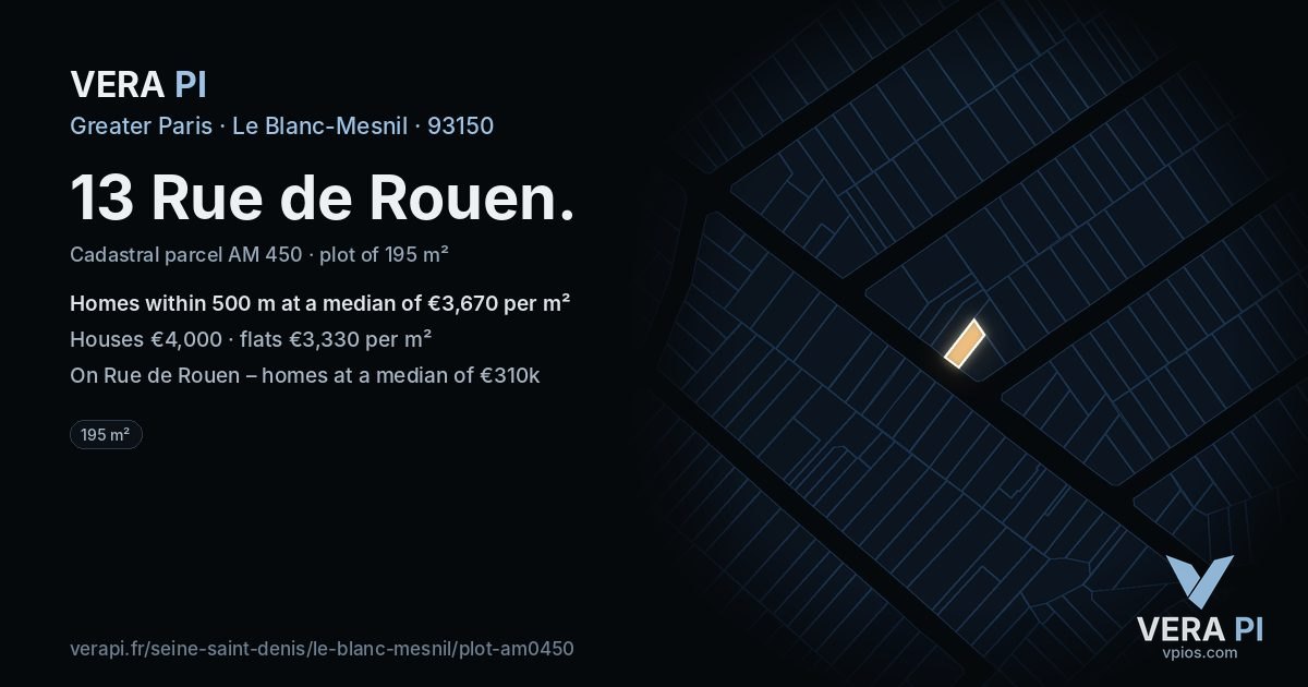 13 Rue de Rouen, Le Blanc-Mesnil at night – the plot lit, the parcels around coloured by the prices near them