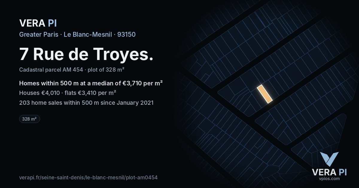 7 Rue de Troyes, Le Blanc-Mesnil at night – the plot lit, the parcels around coloured by the prices near them