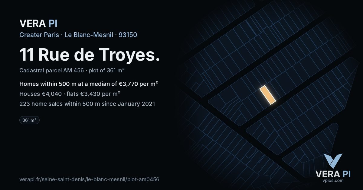 11 Rue de Troyes, Le Blanc-Mesnil at night – the plot lit, the parcels around coloured by the prices near them