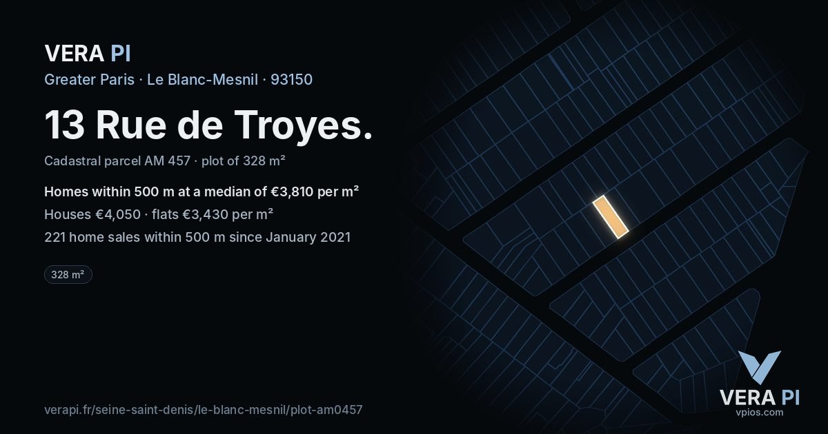 13 Rue de Troyes, Le Blanc-Mesnil at night – the plot lit, the parcels around coloured by the prices near them