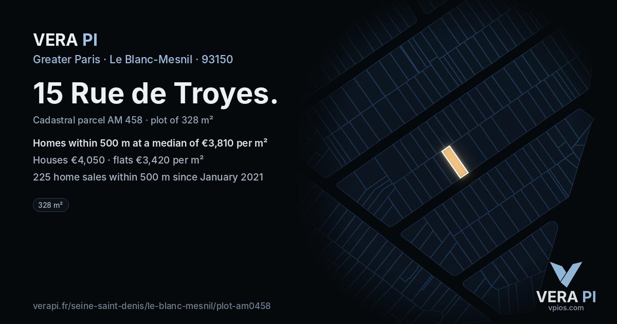 15 Rue de Troyes, Le Blanc-Mesnil at night – the plot lit, the parcels around coloured by the prices near them