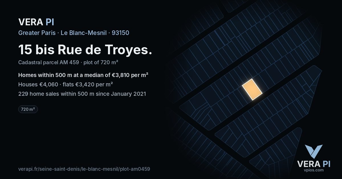 15 bis Rue de Troyes, Le Blanc-Mesnil at night – the plot lit, the parcels around coloured by the prices near them