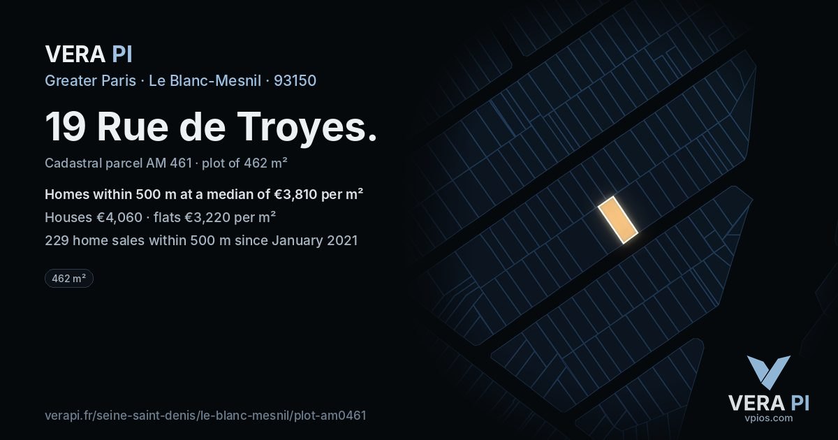 19 Rue de Troyes, Le Blanc-Mesnil at night – the plot lit, the parcels around coloured by the prices near them