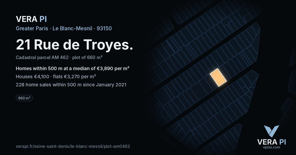 21 Rue de Troyes, Le Blanc-Mesnil at night – the plot lit, the parcels around coloured by the prices near them