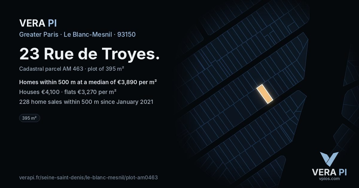 23 Rue de Troyes, Le Blanc-Mesnil at night – the plot lit, the parcels around coloured by the prices near them