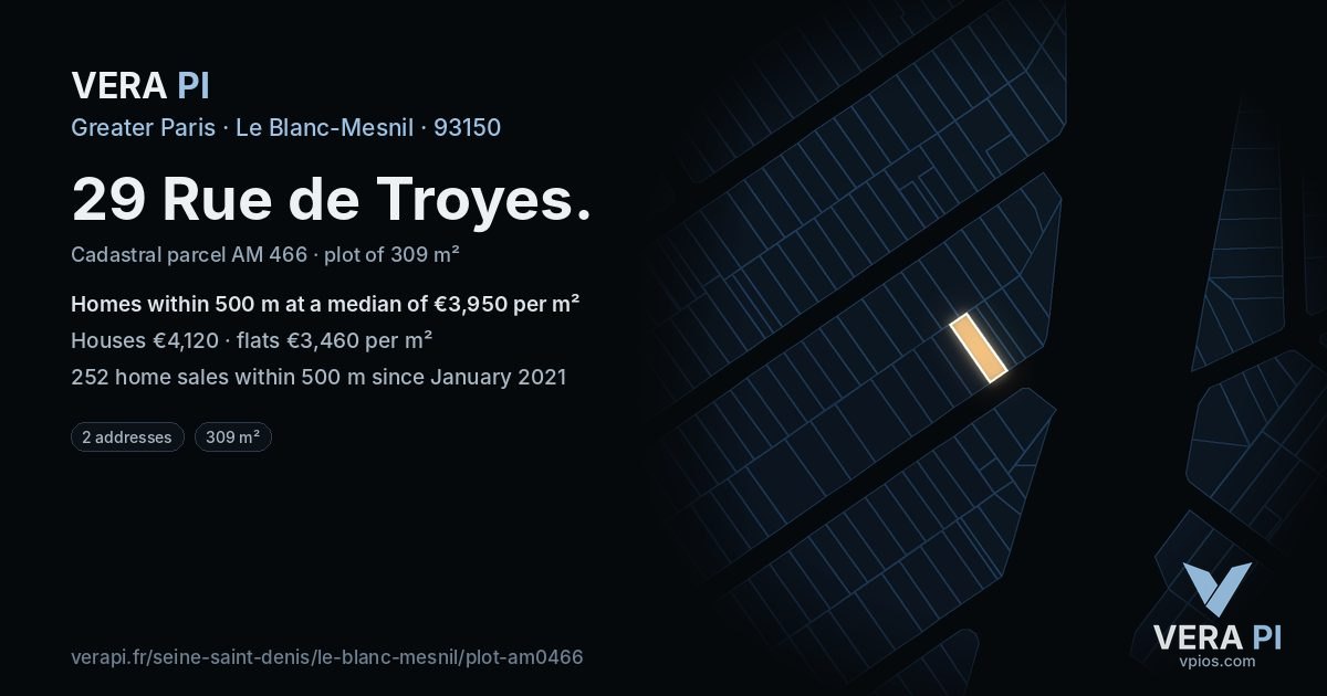 29 Rue de Troyes, Le Blanc-Mesnil at night – the plot lit, the parcels around coloured by the prices near them