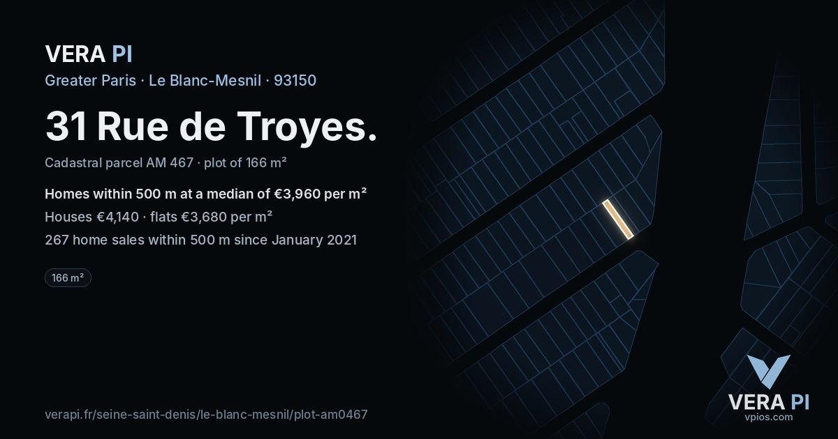 31 Rue de Troyes, Le Blanc-Mesnil at night – the plot lit, the parcels around coloured by the prices near them