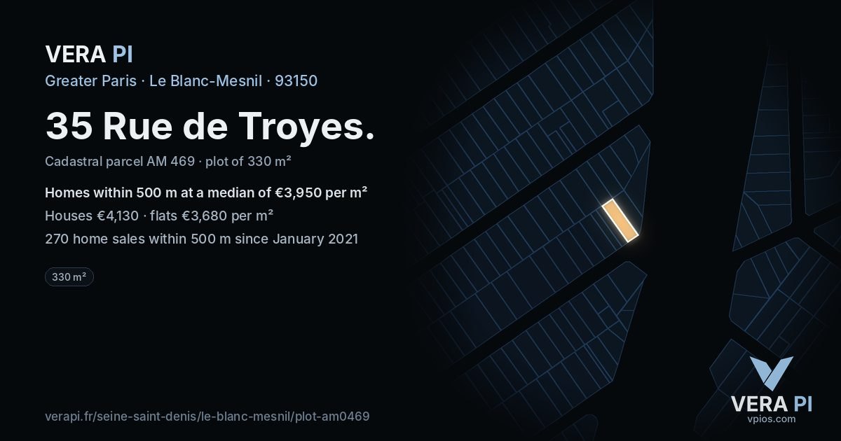 35 Rue de Troyes, Le Blanc-Mesnil at night – the plot lit, the parcels around coloured by the prices near them
