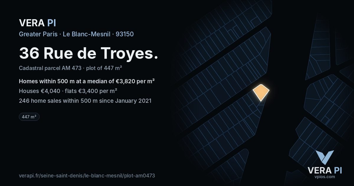 36 Rue de Troyes, Le Blanc-Mesnil at night – the plot lit, the parcels around coloured by the prices near them