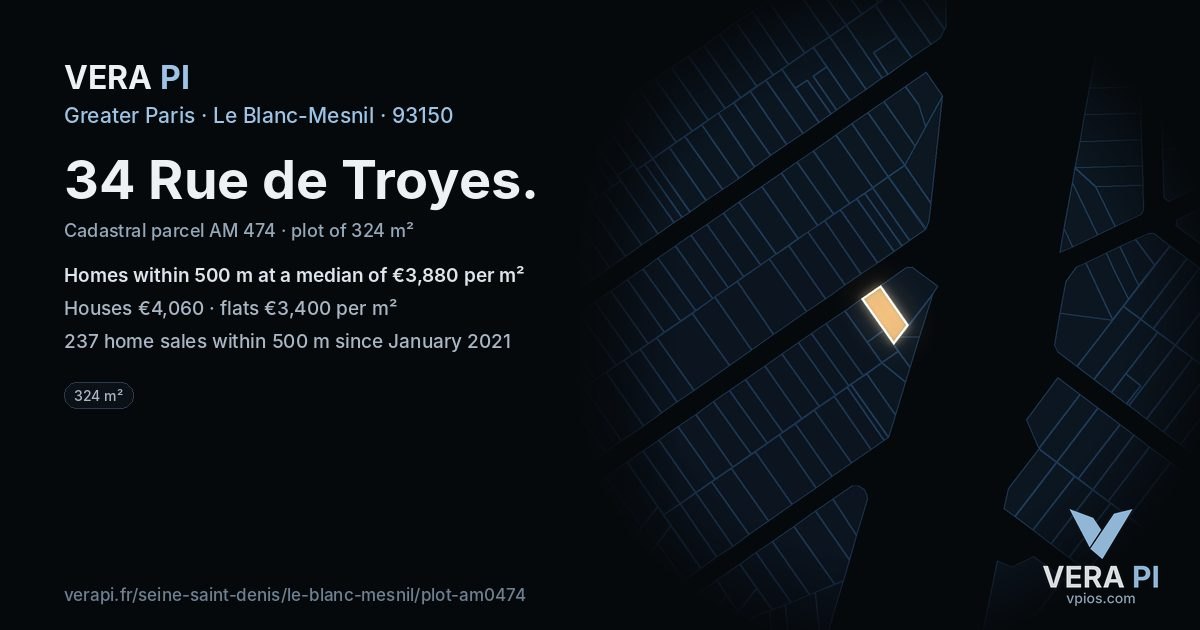 34 Rue de Troyes, Le Blanc-Mesnil at night – the plot lit, the parcels around coloured by the prices near them