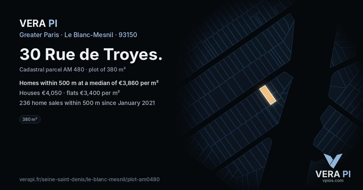 30 Rue de Troyes, Le Blanc-Mesnil at night – the plot lit, the parcels around coloured by the prices near them