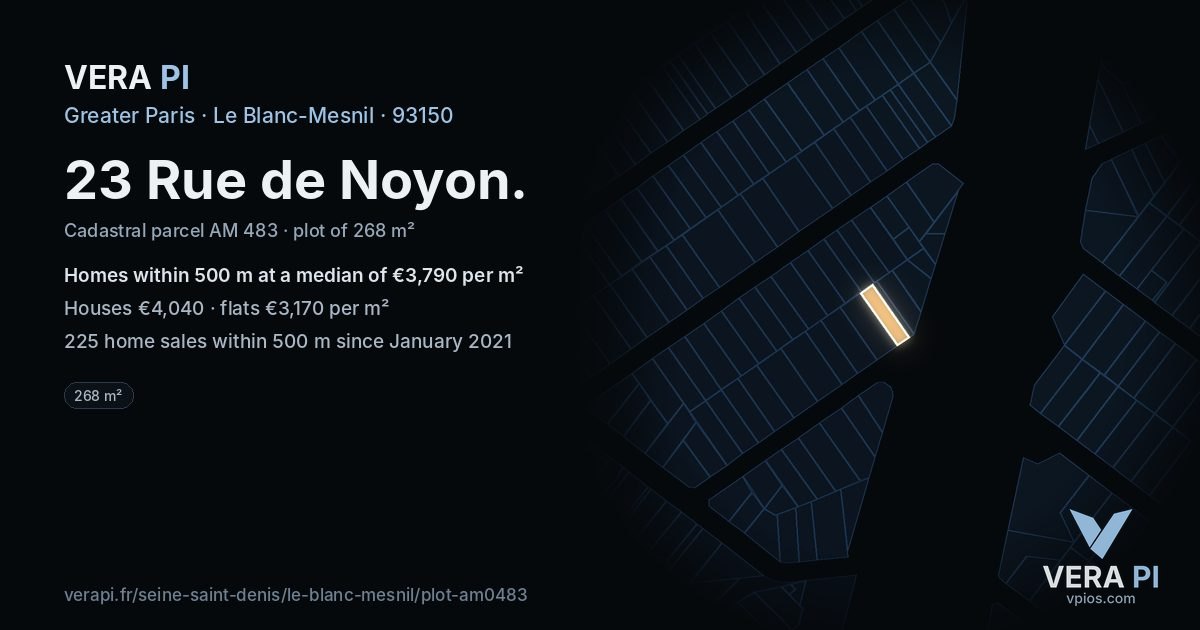 23 Rue de Noyon, Le Blanc-Mesnil at night – the plot lit, the parcels around coloured by the prices near them