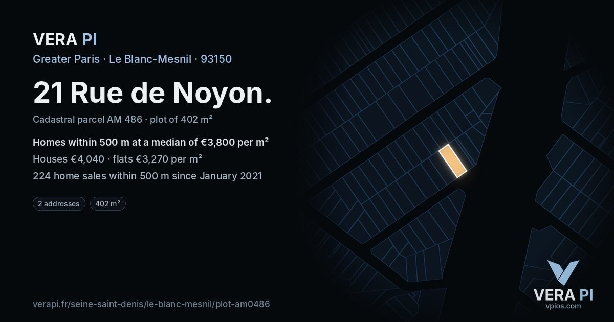 21 Rue de Noyon, Le Blanc-Mesnil at night – the plot lit, the parcels around coloured by the prices near them