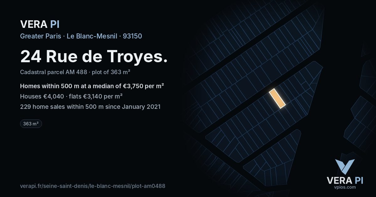 24 Rue de Troyes, Le Blanc-Mesnil at night – the plot lit, the parcels around coloured by the prices near them