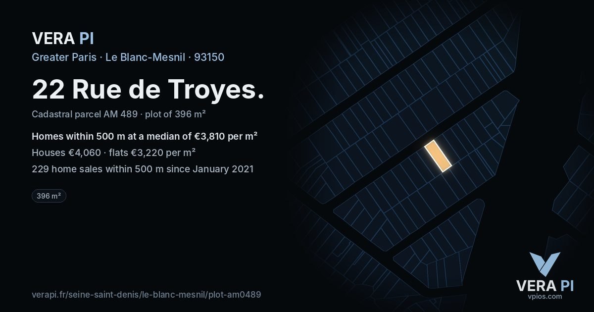22 Rue de Troyes, Le Blanc-Mesnil at night – the plot lit, the parcels around coloured by the prices near them