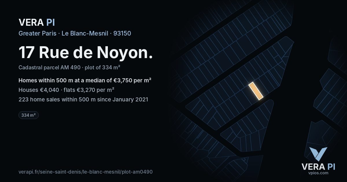 17 Rue de Noyon, Le Blanc-Mesnil at night – the plot lit, the parcels around coloured by the prices near them