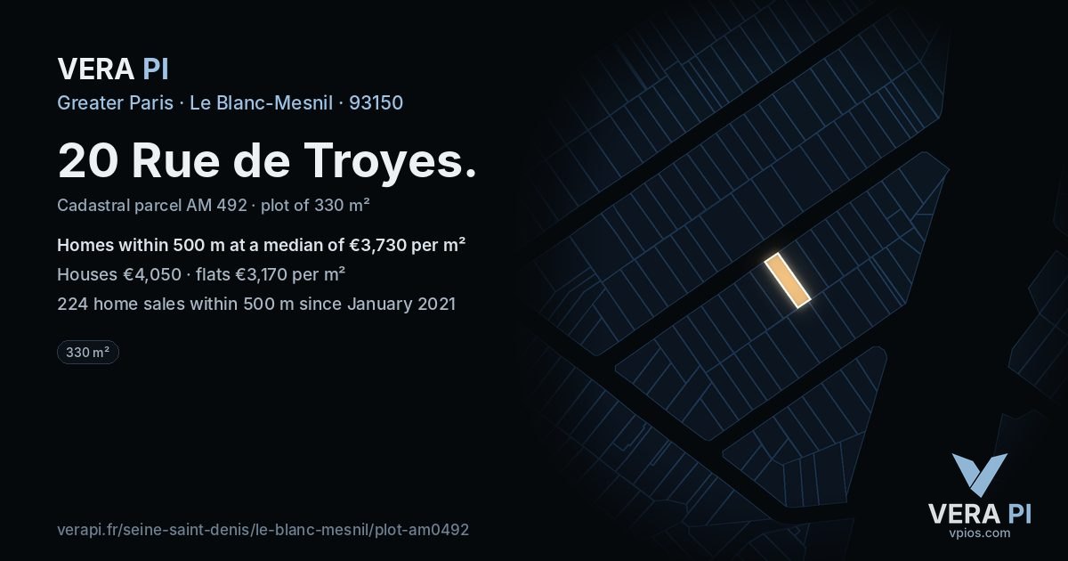20 Rue de Troyes, Le Blanc-Mesnil at night – the plot lit, the parcels around coloured by the prices near them