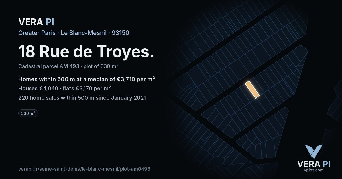18 Rue de Troyes, Le Blanc-Mesnil at night – the plot lit, the parcels around coloured by the prices near them