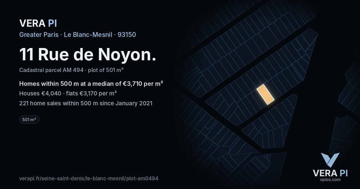 11 Rue de Noyon, Le Blanc-Mesnil at night – the plot lit, the parcels around coloured by the prices near them