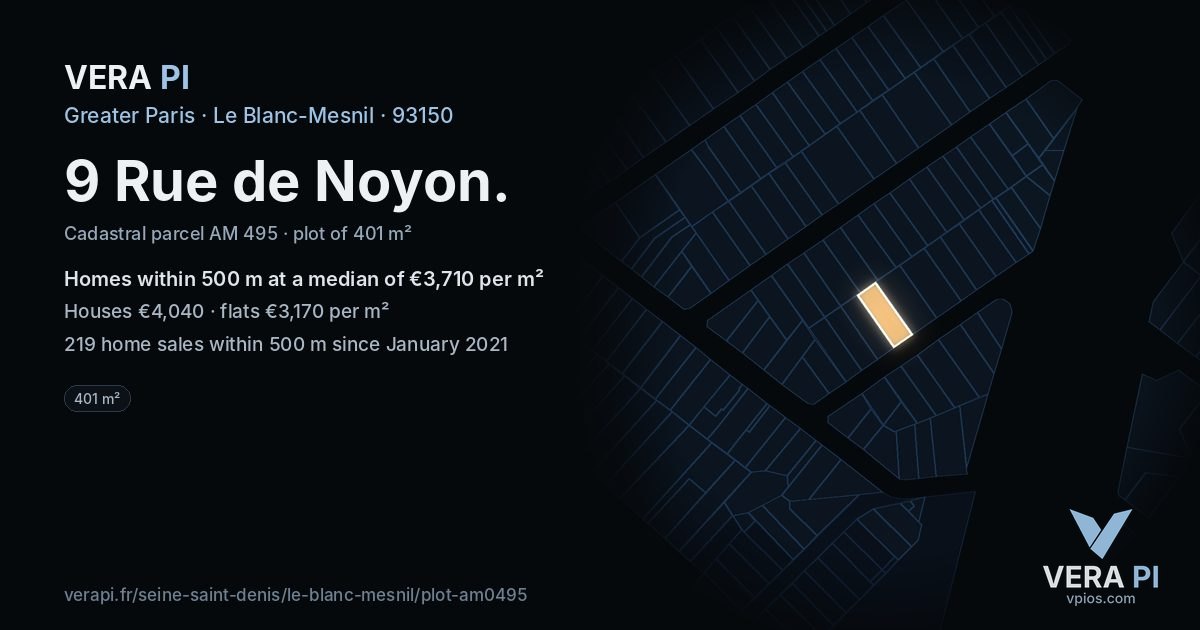 9 Rue de Noyon, Le Blanc-Mesnil at night – the plot lit, the parcels around coloured by the prices near them