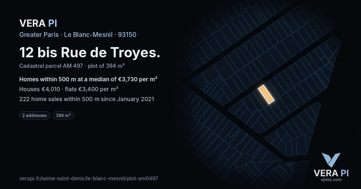 12 bis Rue de Troyes, Le Blanc-Mesnil at night – the plot lit, the parcels around coloured by the prices near them