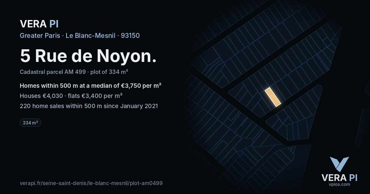 5 Rue de Noyon, Le Blanc-Mesnil at night – the plot lit, the parcels around coloured by the prices near them