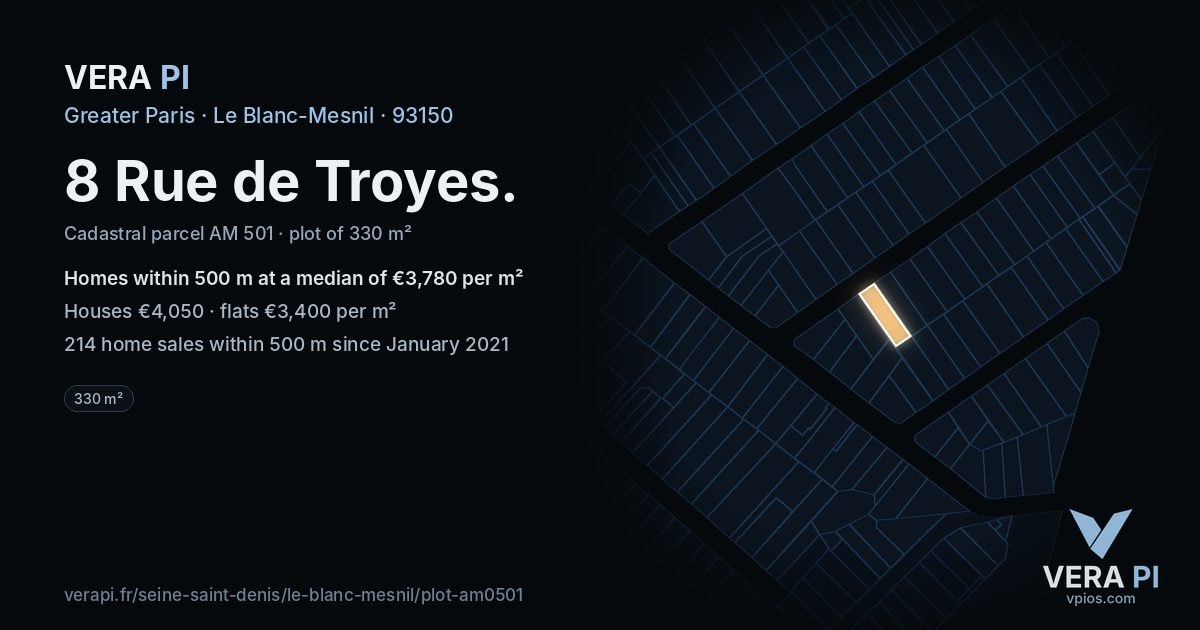 8 Rue de Troyes, Le Blanc-Mesnil at night – the plot lit, the parcels around coloured by the prices near them