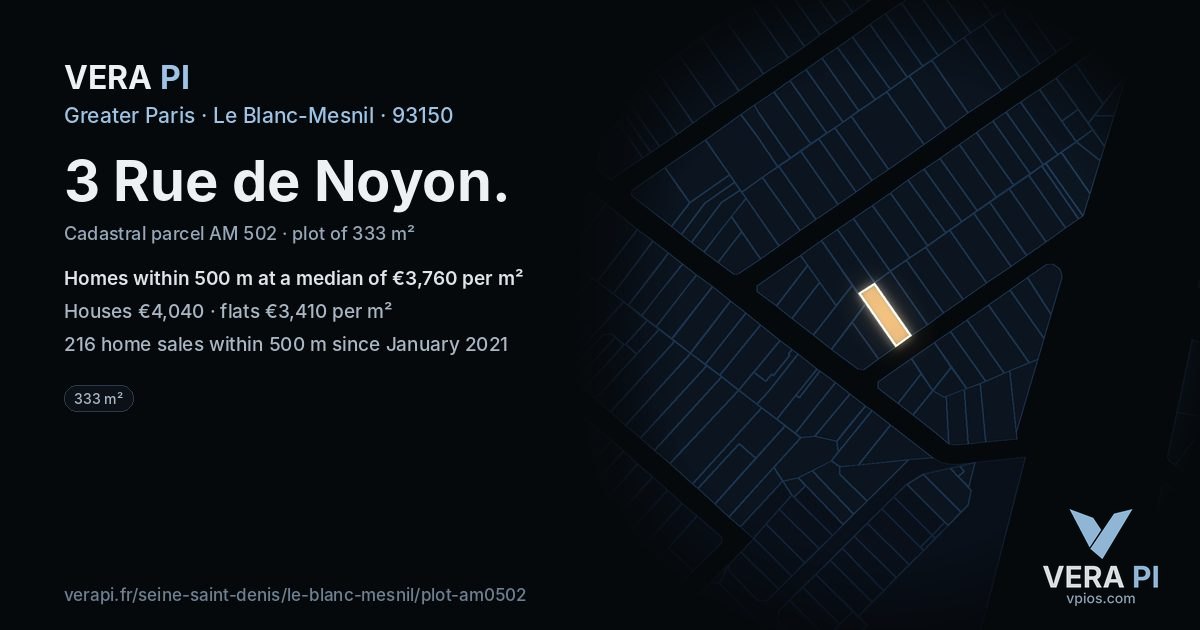 3 Rue de Noyon, Le Blanc-Mesnil at night – the plot lit, the parcels around coloured by the prices near them