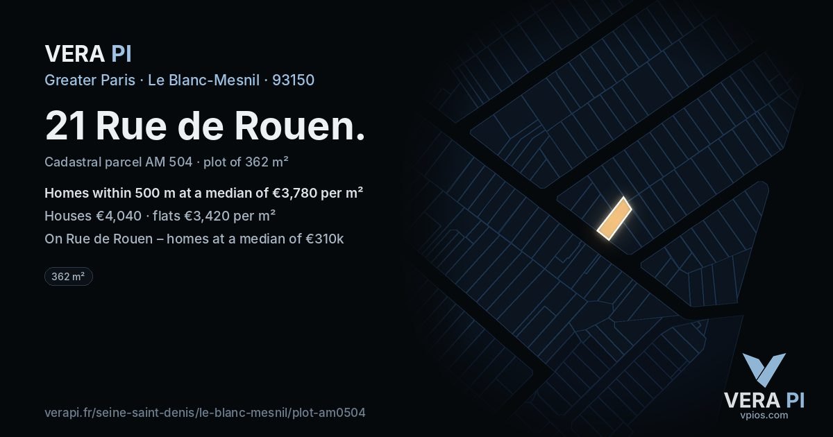 21 Rue de Rouen, Le Blanc-Mesnil at night – the plot lit, the parcels around coloured by the prices near them
