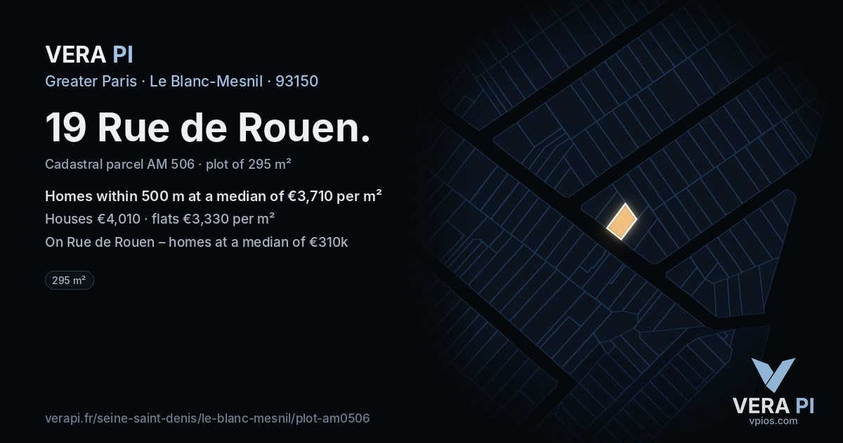 19 Rue de Rouen, Le Blanc-Mesnil at night – the plot lit, the parcels around coloured by the prices near them