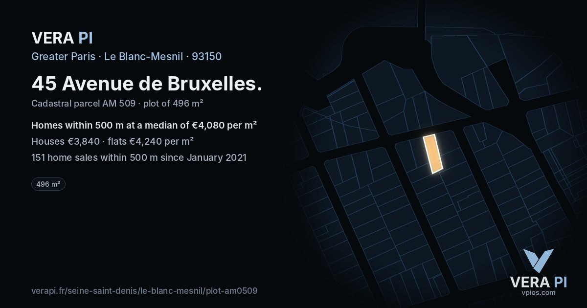45 Avenue de Bruxelles, Le Blanc-Mesnil at night – the plot lit, the parcels around coloured by the prices near them